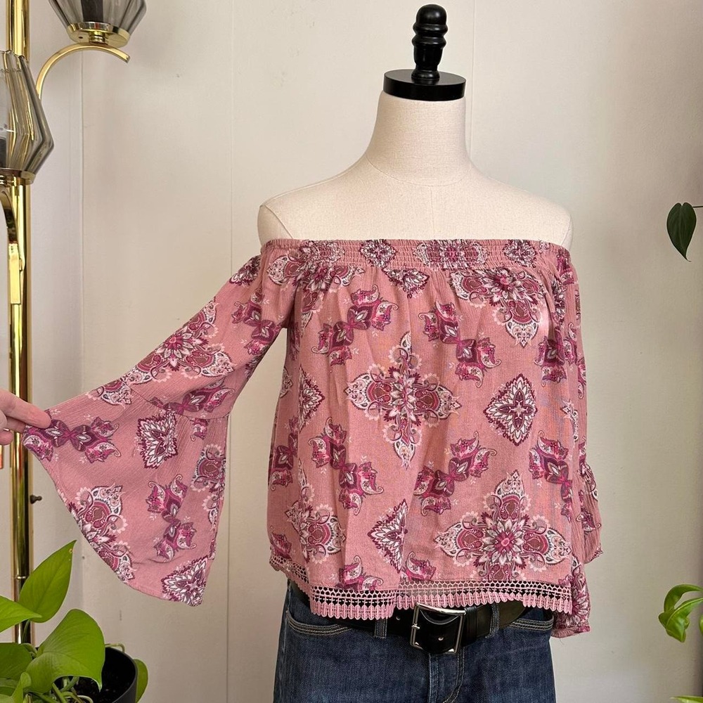 Charlotte Russe Pink Floral Paisley Off The Shoulder Bell Sleeve Boho Blouse S
